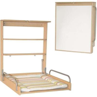 Wandgemonteerde opvouwbare aankleedtafel - ROBA - DSCHUNGELBABY - Inclusief matras met veelkleurige strepen - 2 geïntegreerde planken - Natuurlijk hout