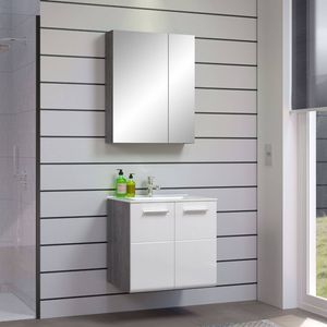 Riva badkamer C met spiegelkast decor rookzilver, wit hoogglans.