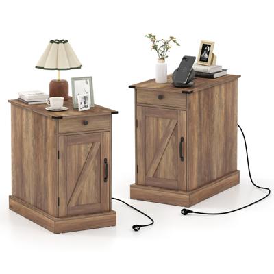 Bijzettafel Dressoir Met Oplaadstation Nachtkastje Met Neerklapbaar Tafelblad (Set van 2)-Bruin