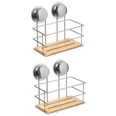 Doucherekje/badkamerrekje - Set van 2x stuks - metaal/bamboe hout - zuignappen - 19 x 12 x 18 cm