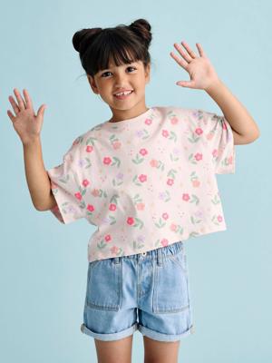 Cropped meisjesshirt met korte mouwen lichtroze