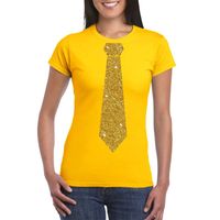 Geel fun t-shirt met stropdas in glitter goud dames