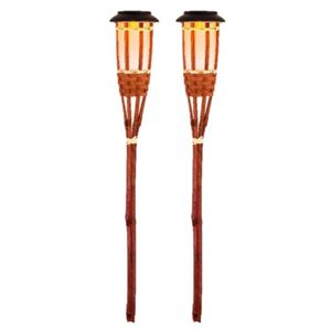 2x Oranje buiten/tuin Led fakkel Bodi solar verlichting 54 cm vlam