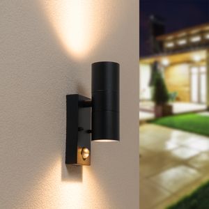 HOFTRONIC™ Blenda wandlamp - 2700K warm wit - Bewegingsmelder en schemerschakelaar - Zwart - IP44 spatwaterdicht - Up & Downlight voor buiten