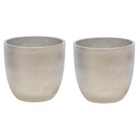 Plantenpot/bloempot - 2x - keramiek - zilver - bladmotief - D18 x H17 cm