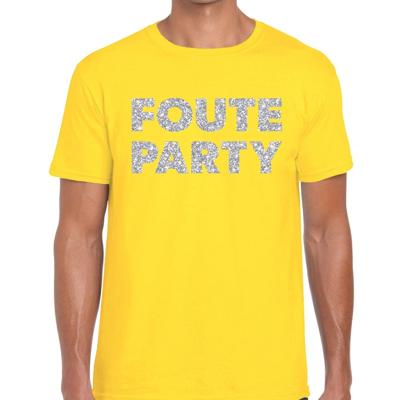 Foute party tekst t-shirt - geel - voor heren - met zilver glitters print - feestkleding Foute party tekst t-shirt - geel - voor heren - met zilver glitters print - feestkleding