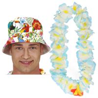 Carnaval verkleed set - Tropische Hawaii party - bucket hoedje - met bloemenslinger - volwassenen - thumbnail