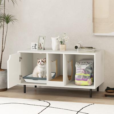 100 cm Kattenbakmeubel Verwijderbare Krabpaal Binnenkattenmeubel met 2 Compartimenten Modern Houten Meubel voor Katten