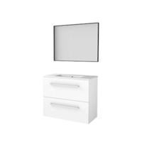 Basic-Line Framed 39 Badkamermeubelset - Ondiep - 80 x 39 cm - Met Grepen - 2 Lades - Keramische Wastafel - 1 Kraangat - Spiegel met Zwart Aluminium Frame - Ice White