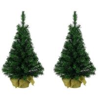 Everlands Mini kerstboompjes - 2x st - groen - 45 cm - in jute zak - kunstboom