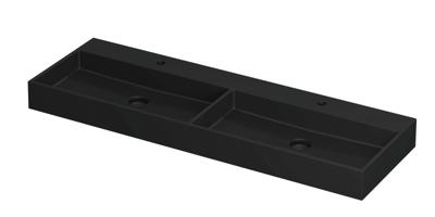 Wastafel United Porselein dubbel met 2 kraangaten incl. porseleinen click plug en verborgen overloop systeem 140 cm x 45 cm x 11 cm Mat zwart 0206154