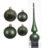 Glazen kerstballen pakket donkergroen glans/mat 38x stuks 4 en 6 cm met piek mat - thumbnail