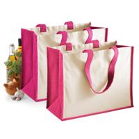 Jute katoenen boodschappentas - 2x - roze/naturel - 44 x 33 x 19 cm - 20 liter - draagtas