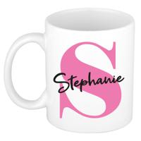 Naam mok Stephanie - roze - wit - keramiek - 300 ml - verjaardag/cadeau beker