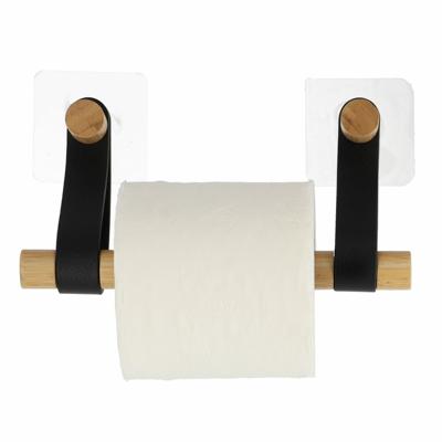 Toiletrolhouder wand/muur - zelfklevend - zwart - bamboe/kunstleer - zonder boren