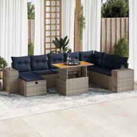 9-delige Loungeset met kussens poly rattan acacia grijs