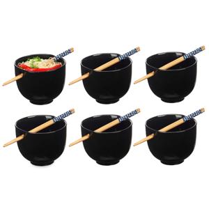 Pokebowl/ramen/noedels servies set - 6x - kommetje en chopsticks - keramiek - zwart - sushi eet set