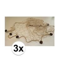 Deco visnet met kurken - 3x - 200 x 150 cm - Naturel kleur - strand thema decoratie net