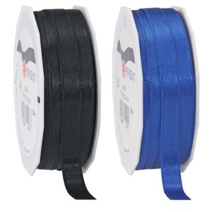 2x rollen satijn sierlint/cadeaulint - zwart en blauw - 1 cm x 25m p/rol