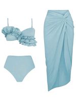 Vacation Plain Flouncing Notched Bikini With Cover Up