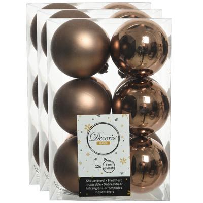 Decoris kerstballen - 36x st - walnoot bruin - 6 cm - kunststof - mat/glans - kerstversiering