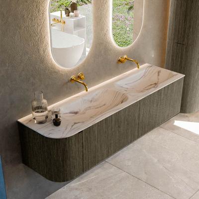 Badmeubel Mondiaz Kurve-Dlux | 165 cm | Meubelkleur Shadow | Wastafelkleur Nata | Solid surface | Dubbel / Rechts spoelbak | Zonder kraangat(en)