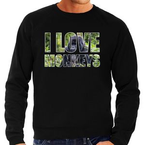 Tekst sweater I love monkeys met dieren foto van een gorilla aap zwart voor heren