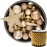 Kunststof kerstballen 33x st goud-champagne-bruin met piek en kralenslinger goud - Kerstbal - thumbnail