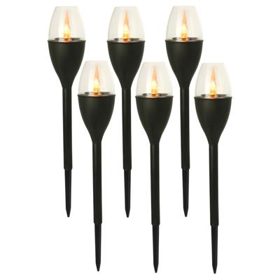 Gerimport Tuinlamp - 6x - solar - LED licht - kunststof - H37 cm - zwart - grondpin - vlam effect