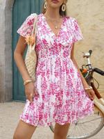 Bon&Bon Ditsy Floral V-Neck Boho Dress with Flounce Sleeves Hot Pink / XL