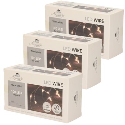 Set van 3x stuks draadverlichting lichtsnoer met 100 lampjes warm wit op batterij 500 cm