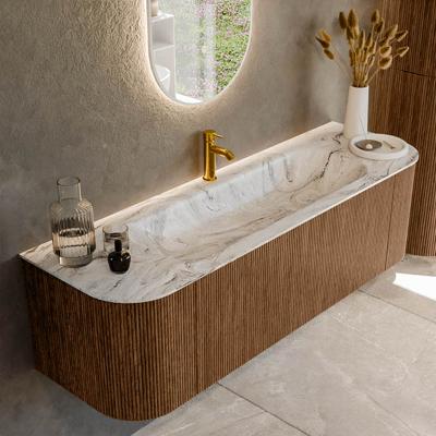 Mondiaz KURVE-DLUX 150 cm Onderkast Greeploos 1 Lade Met Deuren Walnut, Wastafel Solid Surface Midden Glace 1 Kraangat Zonder Spiegel (KRVBGM150L+R1L2D1KM-Wal/Gla)