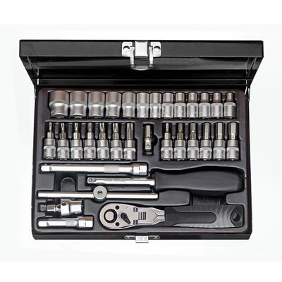 WGB 1/4" Doppendoos 4-14mm + bits in metalen kist, 33-delig
