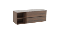 Storke Edge zwevend badmeubel 150 x 52 cm notenhout met Tavola enkel of dubbel wastafelblad in mat wit/zwart terrazzo