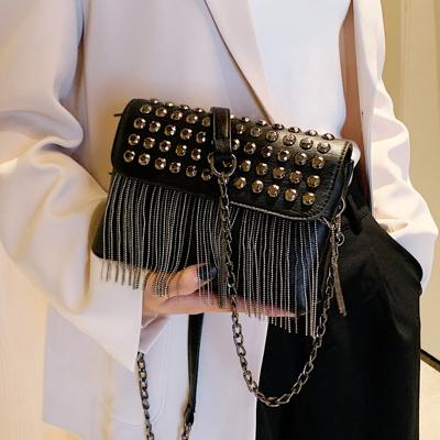 Bon&Bon Y2K Gothic Punk Square Bag - Studded Fringe PU Leather Mini Black / one-size