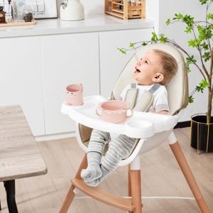 Hoge Babystoel met Vaatwasserbestendig Dienblad Houten Hoge Stoel voor Peuters 6-36 Maanden Eetstoel met Verwijderbaar Zitkussen Beige
