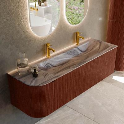 Badmeubel Mondiaz Kurve-Dlux | 145 cm | Meubelkleur Ruby | Wastafelkleur Sombra | Solid surface | Wasbak rechter zijde spoelbak | 2 kraangaten