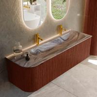 Badmeubel Mondiaz Kurve-Dlux | 145 cm | Meubelkleur Ruby | Wastafelkleur Sombra | Solid surface | Wasbak rechter zijde spoelbak | 2 kraangaten