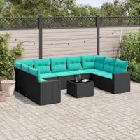 10-delige Loungeset met kussens poly rattan zwart
