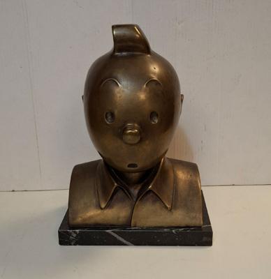 Kuifje Messing Spaarpot Buste op Marmeren Voet