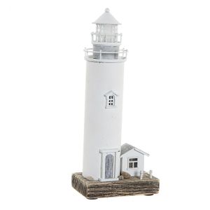 Maritieme decoraties beeldje Vuurtoren - Hout - 13 x 30 cm - wit - met LED lampje