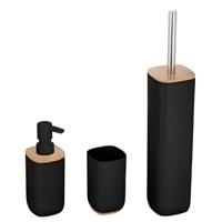 Badkamerset 3-delig - zwart - bamboe en rvs - toiletborstel - zeeppomp - beker