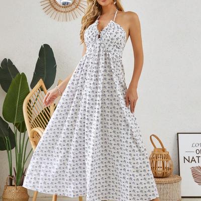 Boho Blue and White Striped Halter Neck Backless Maxi Dress FlowerWH / XS