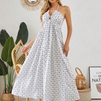 Boho Blue and White Striped Halter Neck Backless Maxi Dress FlowerWH / XS