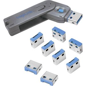 LogiLink AU0045 USB-A-poortslot Set van 8 stuks Zilver, Blauw Incl. 1 sleutel