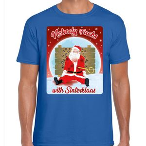 Fout kerst t-shirt nobody fucks with sinterklaas blauw heren