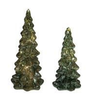 Kerstboom beeldjes - groen - met LED licht - glas - decoratie kerstboompjes
