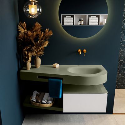 MONDIAZ RIVA 120cm badmeubel onderkast / planchet kleur Talc met 1 lade. Wastafel DULCET rechts 0 kraangaten kleur Army. MONDIAZ RIVA 120cm badmeubel onderkast / planchet kleur Talc met 1 lade. Wastafel DULCET rechts 0 kraangaten kleur Army.