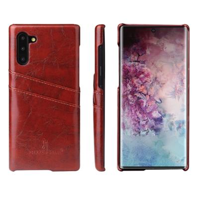 Fierre Shann retro olie Wax textuur PU lederen draagtas met kaartsleuven voor Galaxy Note 10 (bruin)