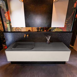 Badkamermeubelset Mondiaz Erin 150 cm met 1 Lade met RIDGE Wastafel Links Dark grey Zonder Kraangaten Greeploos Mat Linen